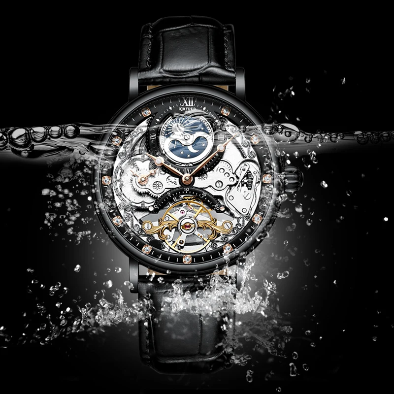 KINYUED, водонепроницаемые мужские Tourbillon часы с скелетом, лучший бренд, роскошные прозрачные механические часы с фазой Луны, спортивные мужские наручные часы
