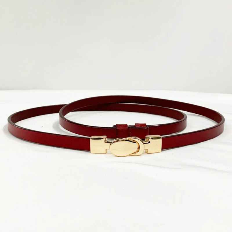 Ремень из натуральной кожи Женский тонкий регулируемый пояс золотистого цвета с