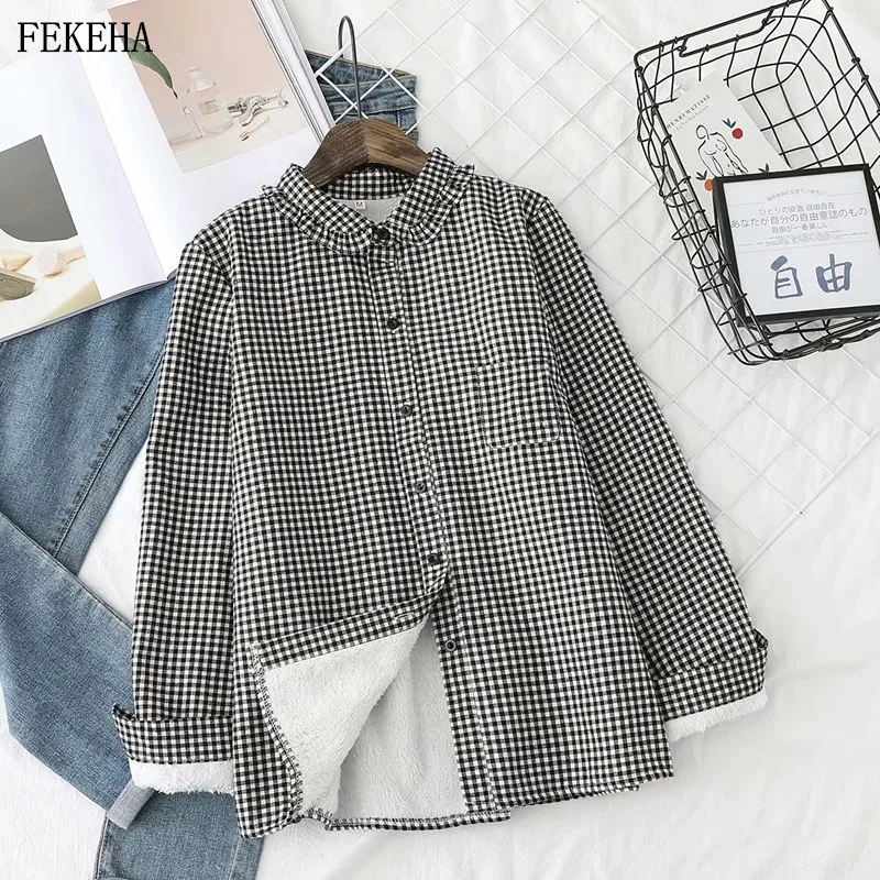 

Winter Plaid Shirts Women Blouses Girls Tops Long Sleeve College Style Female Clothes Thick Velvet Warm Outwear