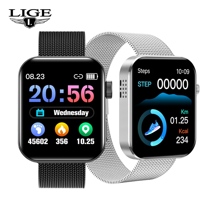 

LIGE 1.72'' Square Color Screen Men Women Smart Watch Bluetooth Call Watches Sport Blood Pressure Smartwatch Men For Android IOS