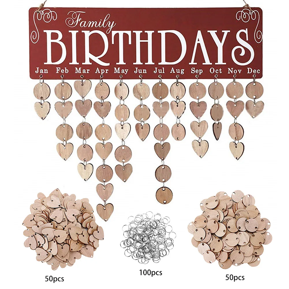 Family Birthday Calendar Wooden Crafts Wall Hanging Plaque Board for Friends Reminder with 100 Pieces | Дом и сад