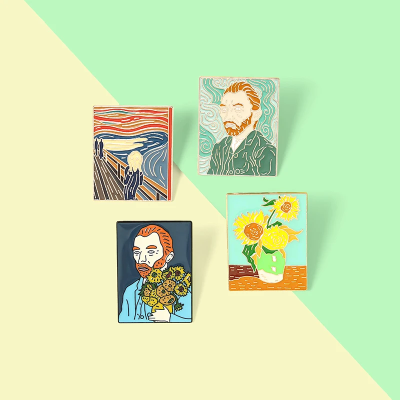 

Van Gogh Oil Painting Enamel Pins Custom The Scream Sunflower Brooches Badges Lapel Clothes Bag Pin Jewelry Gift for Friends
