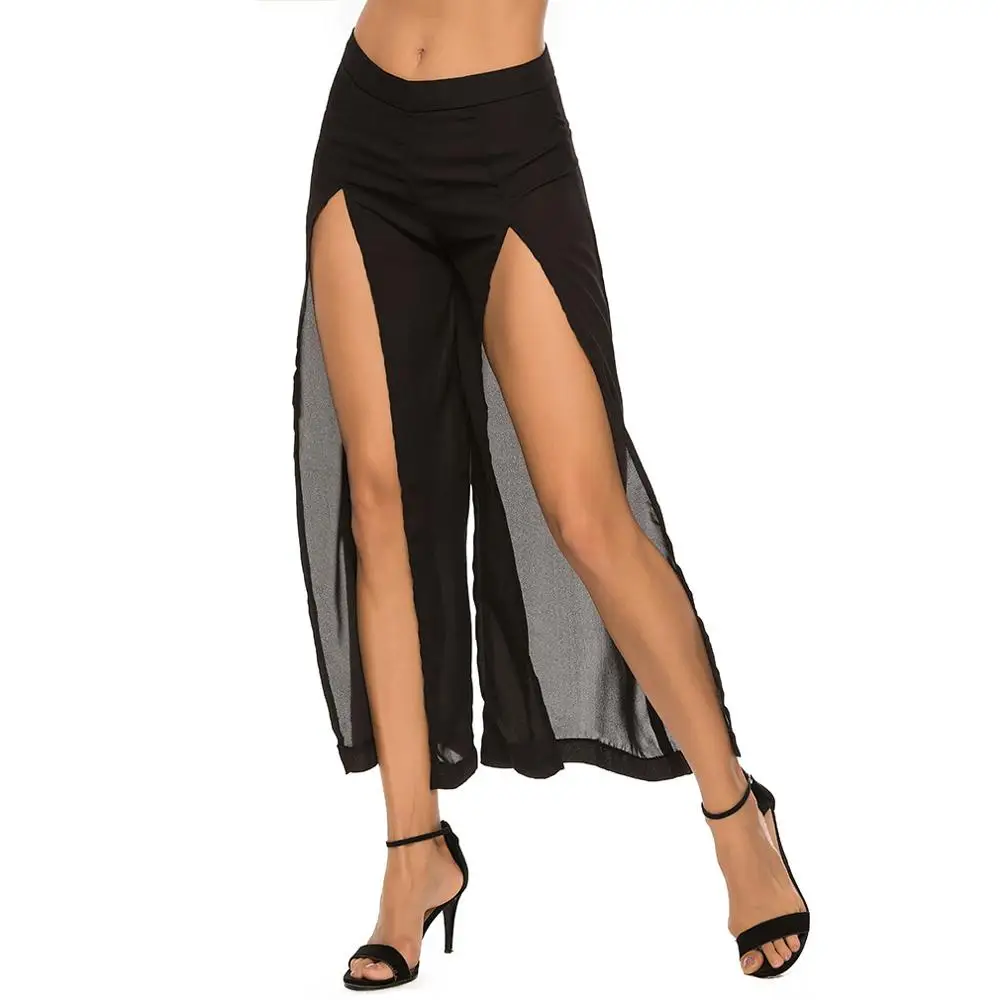 Женские широкие брюки с разрезом многослойные палаццо высоким и цветочным