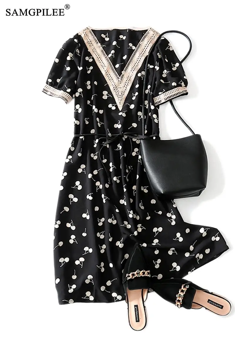 

Summer Clothes For Women Vestido Casual Dress A-line Print Short Sleeve Embroidery Knee-length Empire V-neck Summer Dress Women