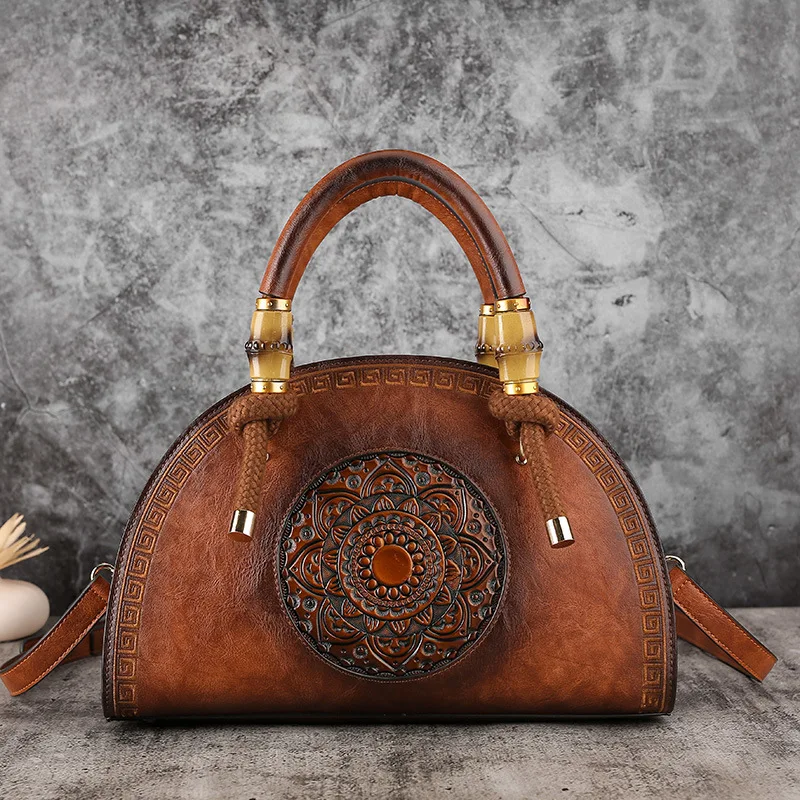 Johnature Vintage Totem Embossed Handbag Versatile Women Leather Bag Large Capacity Leisure Ladies Shoulder & Crossbody Bags