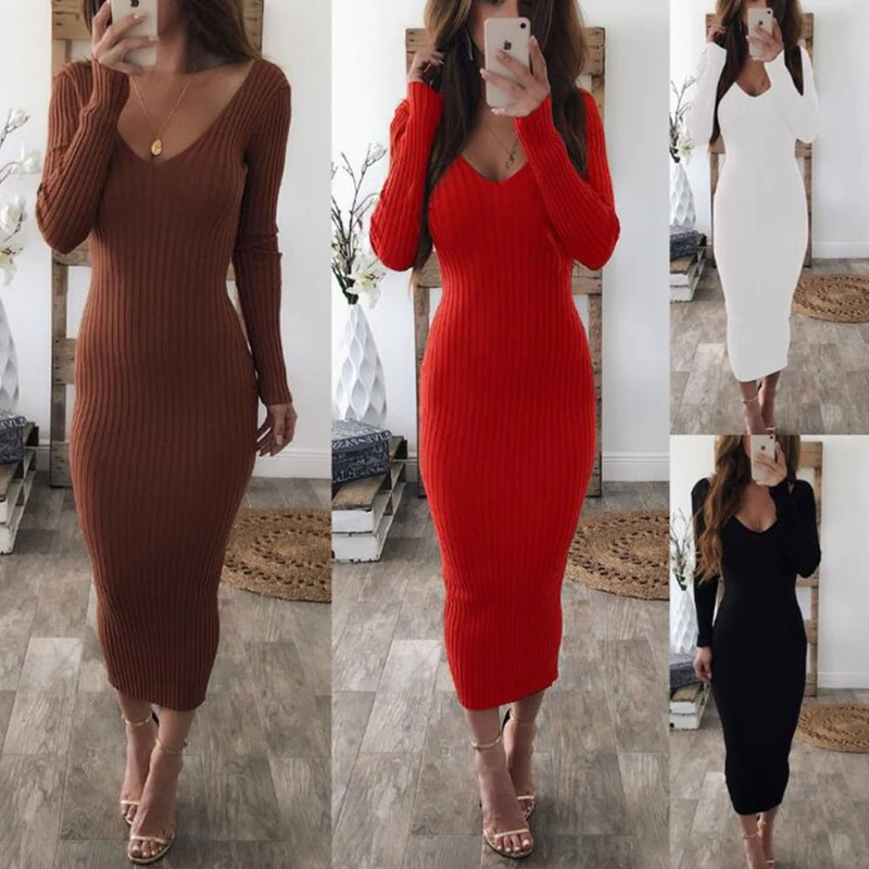 2020 вязаный свитер платье для женщин эластичные с длинным рукавом сексуальное