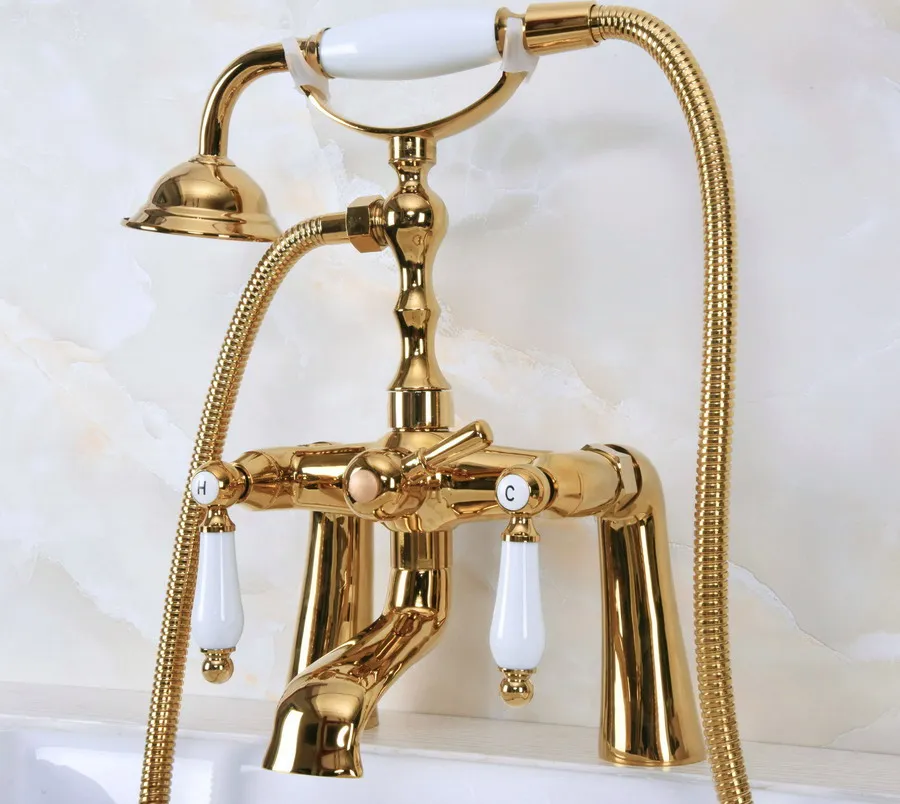 Luxury Gold Color Brass Deck Mounted Bathroom Clawfoot Bathtub Mixer Tap With Hand Shower Head Bath &amp Faucet Lna140 | Обустройство