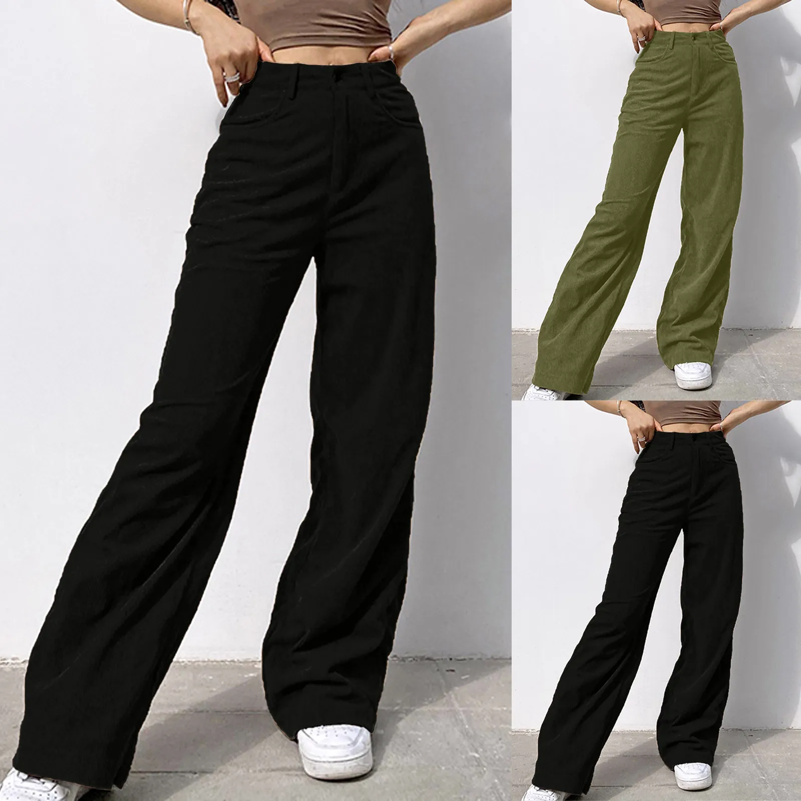 

Women’s Solid Mid Waisted Pants Straight Baggy Trousers Fashion Corduroy Wide-leg Pants Wear Trousers In Autumn And Winter