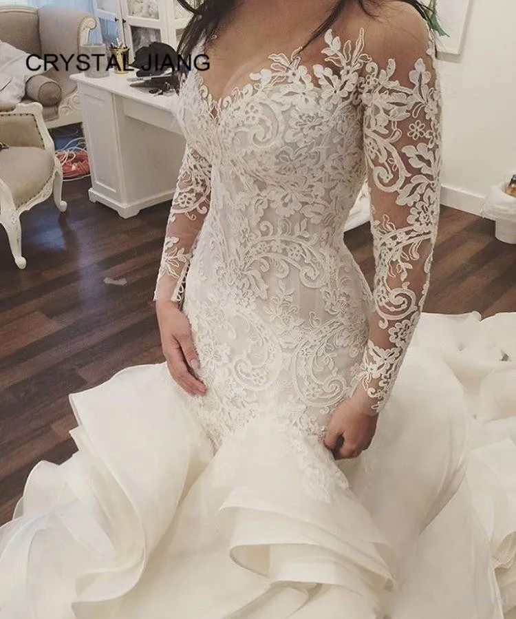 

New Arrival 2020 Vestido de festa Long Sleeves Wedding Dress Lace Applique Ruffles Custom made Luxury Mermaid Wedding Gowns