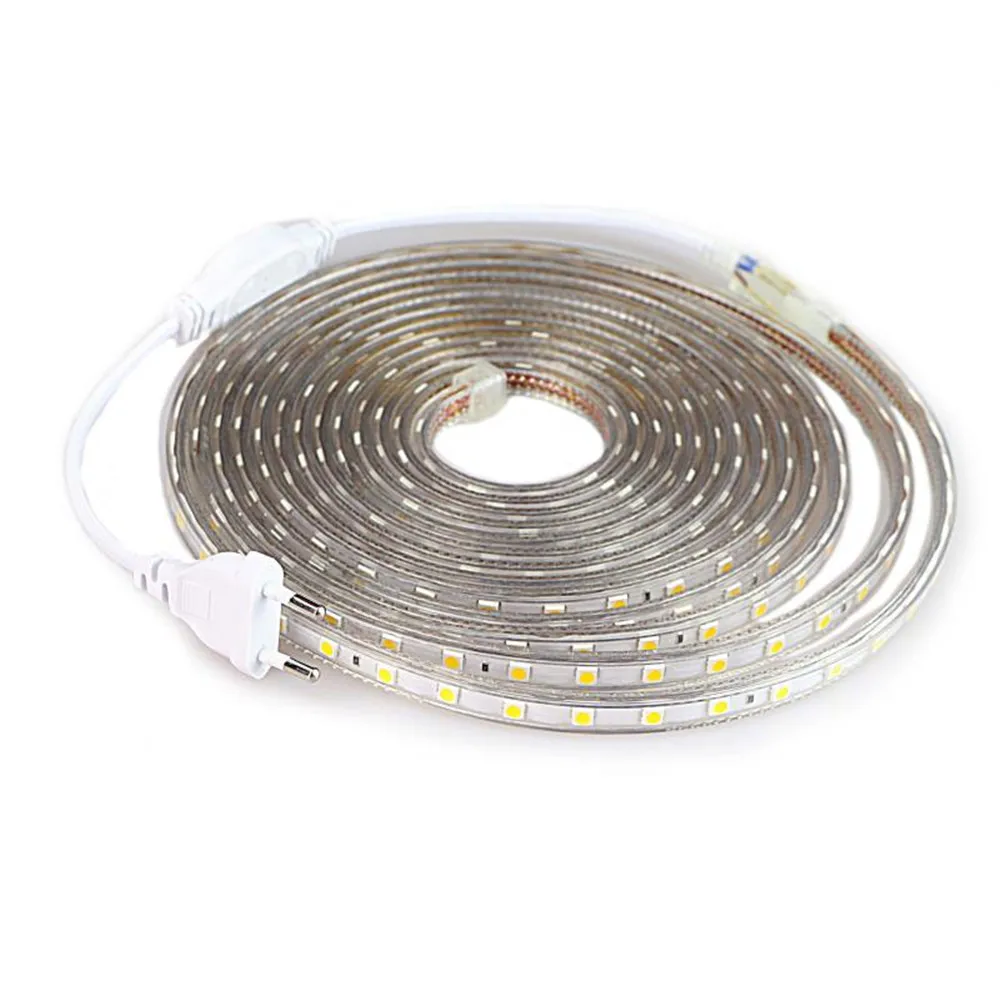 SMD 5050 AC220V LED Strip Flexible Light 60leds/m Waterproof Led Tape LED Light With Power Plug 1M/2M/3M/5M/6M/8M/9M/10M/15M/20M