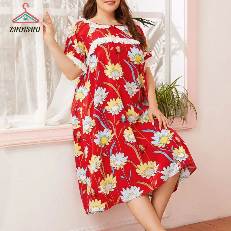 

ZHUISHU Summer Women Large Size Print Nightdress Stretch Printed Flower Loose Sweet Casual Nightdress Sleepwear Home Clothes R92