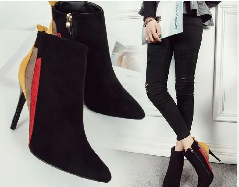 Новые женские короткие ботинки ботильоны с острым носком на высоком каблуке