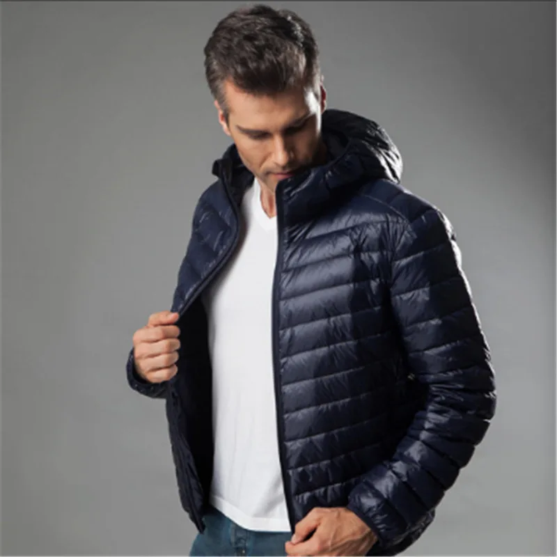 Тёмно-синий Men's Hooded Jackets Light Thin Warm Duck Down Filler Autumn Winter Male Loose Coats Plus Size 4XL 5XL 6XL for Weight:50-145kg - Цвет: Тёмно-синий