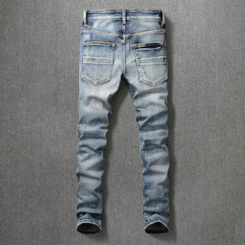 American Street Style Fashion Men Jeans Elastic Retro Blue Slim Fit Ripped Jeans Men Patches Designer Hip Hop Denim Punk Pants