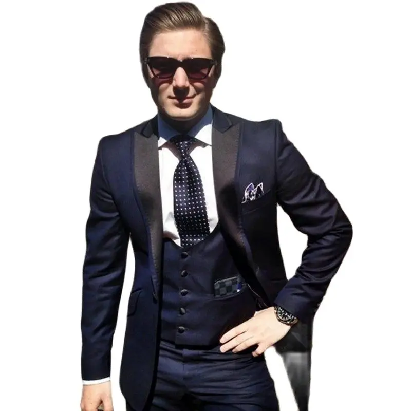 

Handsome Navy Men's Toast Suits Evening Dress Customize Slim Fits Groom Tuxedos Prom Party Clothes (Jacket+Pants+Vest+Tie) W:133