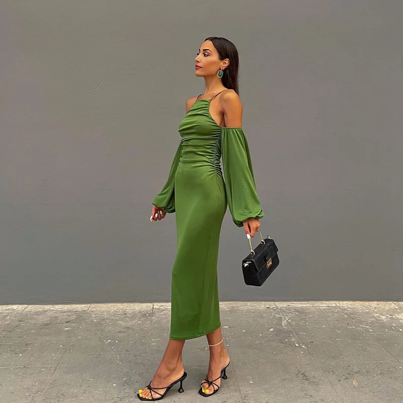 Женское облегающее Платье макси с рукавами-фонариками однотонное зеленое
