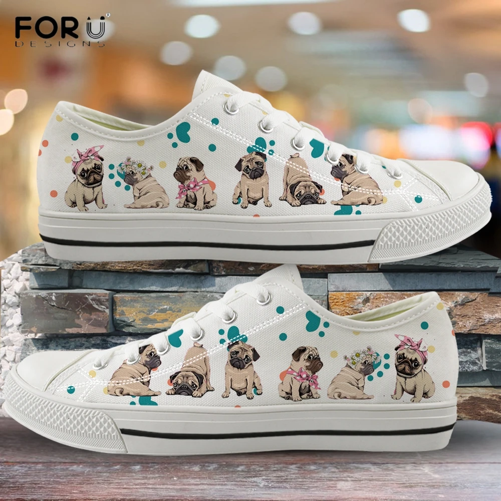 FORUDESIGNS Cute Pug Dog and Paw Footprint Pattern Woman Low Top Canvas Shoes Spring/Autumn Woman Sneakers Girl Vulcanized Shoe