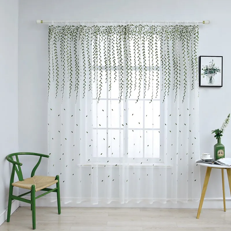 Прозрачная занавеска зеленая ивовая елка вышитая гостиная Тюль модная вуаль