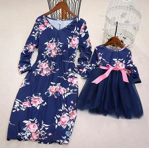 Платье с длинным рукавом для мамы и дочки цветочным принтом | Мать ребенок