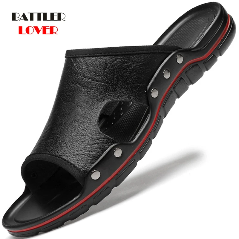 

Summer Cool Water Flip Flops Men High Quality Genuine Cow Leather Soft Massage Beach Slippers for Male Fashion Casual Roman Shoe
