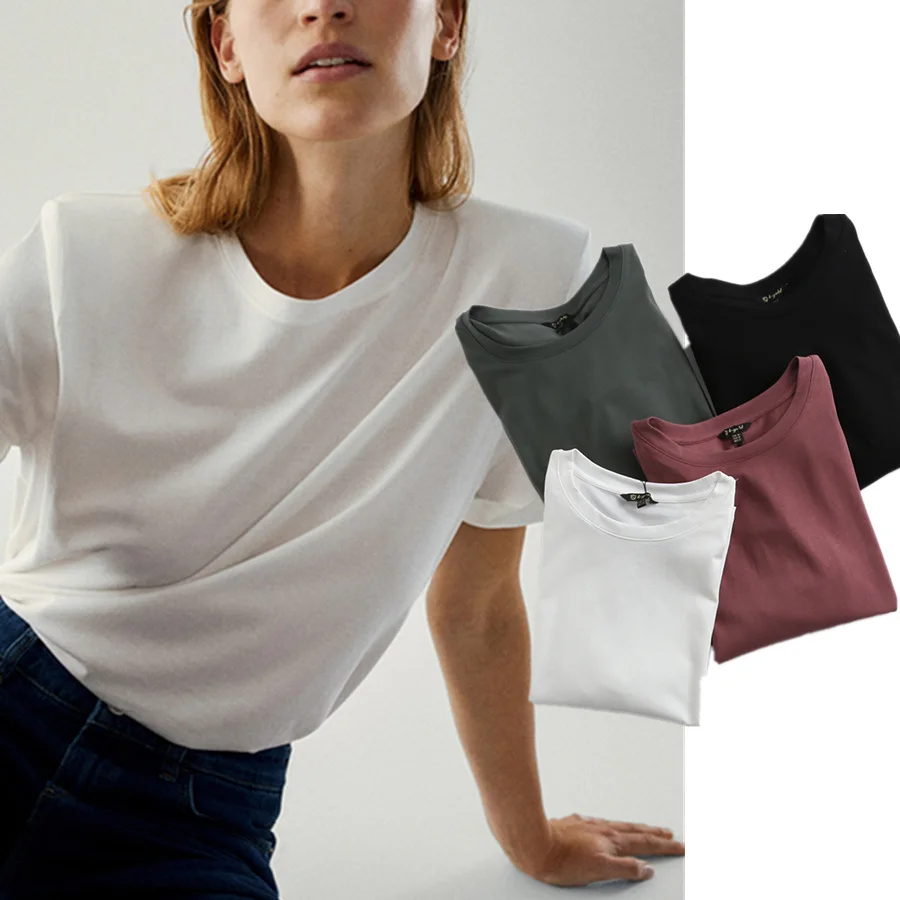 

Withered England Style Fashion Simple Shoulder pads Solid Casual Summer T Shirt Women Camisetas Verano Mujer 2021100%cotton Tops