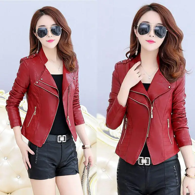 

Autumn Leather Jacket Outwear women Slim locomotive Jackets 2020 Korean Splicing Double Collar Casual Jacket Coat PU Coat Female