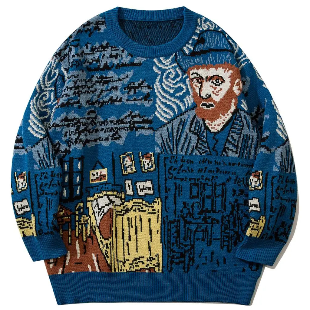 

Harajuku Van Gogh Oil Painting Knitted Sweater Autumn Winter Sweater Men Casual Cotton Sweater Pullover Streetwear Tops