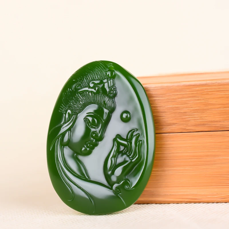 Китайский натуральный зеленый нефрит Гуань Инь кулон ожерелье ручной работы