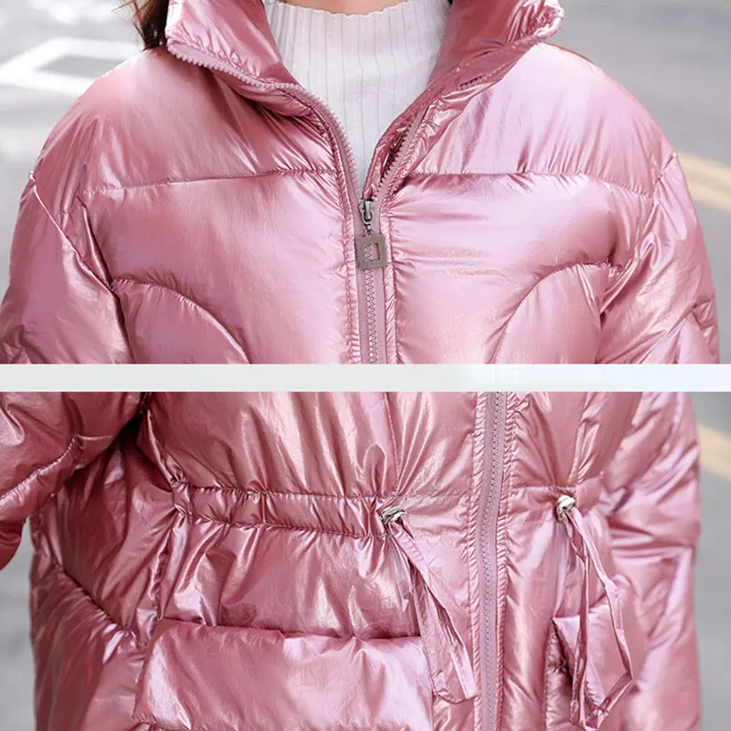 

2020 Warm Down Cotton Coat Women Fashion Shiny Jacket Stand collar Mid-length Thick Winter Jackets Wild Loose Outerwear Female