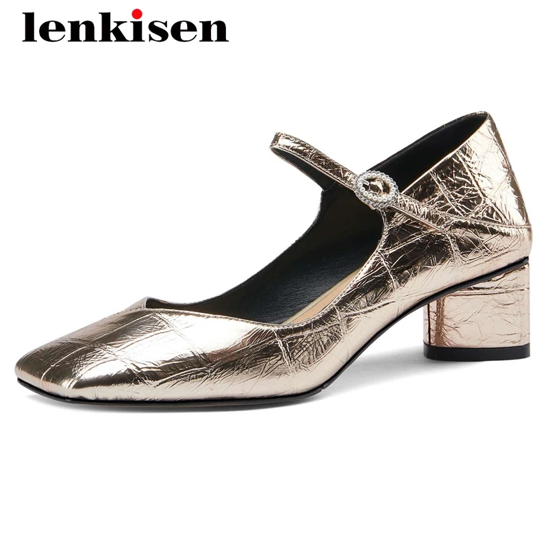 

Lenkisen new arrival gladiator real cow leather stone pattern square toe thick med heel buckle straps dating hot women pumps L50