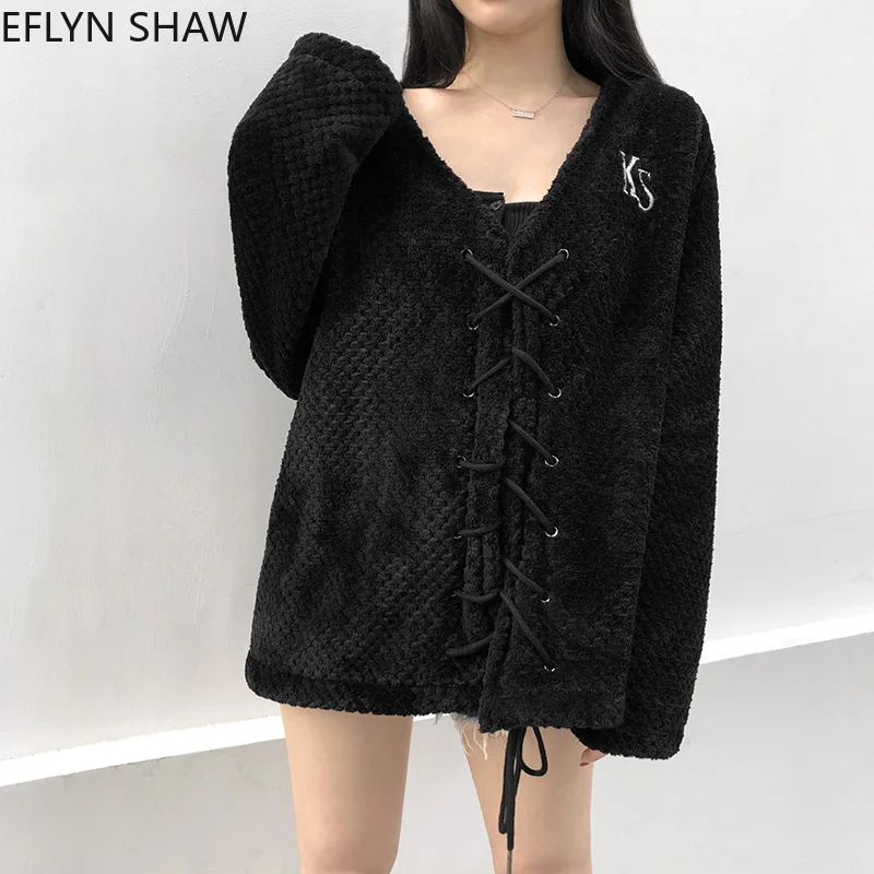 

Jpanese Style Casual Cardigan Women Spring New Letter Embroidery Furry Velvet Cardigan College Style Lace Up V Neck Sweater