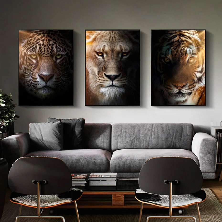 

Nordic Animal Tiger Lion Cheetah Fierce Eye Mural Poster Printing Living Room Canvas Modern Living Room Entrance Home Decoration