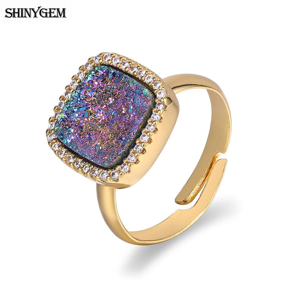 

ShinyGem Fashion Crystal Druzy Rings Inlay Zircon Gold Plating Adjustable Size Natural Colorful Stone Rings For Women Wedding
