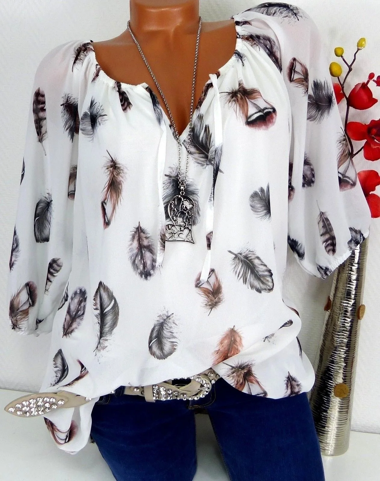 

Women Patterned Chiffon Blouse, Long Sleeve Plus Size