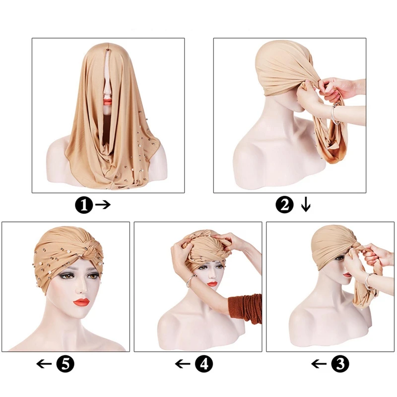 

Pearls Beaded Braid Hijab Caps Spring and Autumn Muslim Wrap Turban Cap Fashion Cotton Inner Hijabs Bonnet Easy To Wear