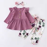 baby girl clothes newborn infant purple ruffle long sleeve tops floral print pants headband cotton 3pcs toddler clothing set