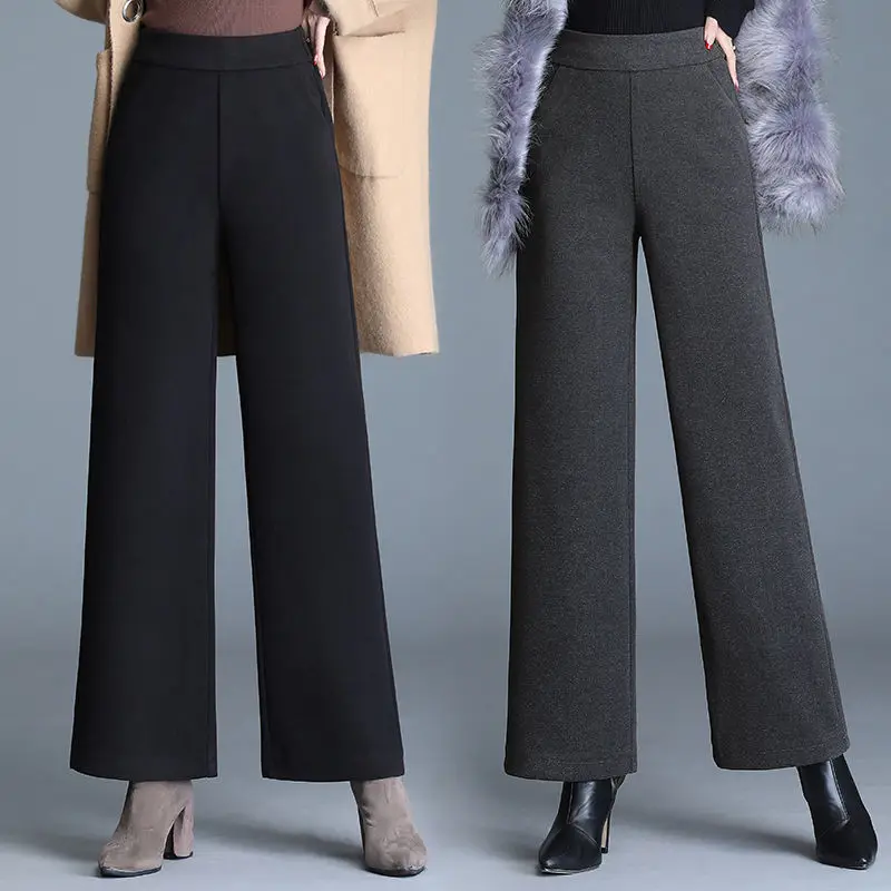 

2021 женские осенне-зимние Новые облегающие шерстяные брюки, женские свободные прямые брюки с высокой талией, женские повседневные широкие б...