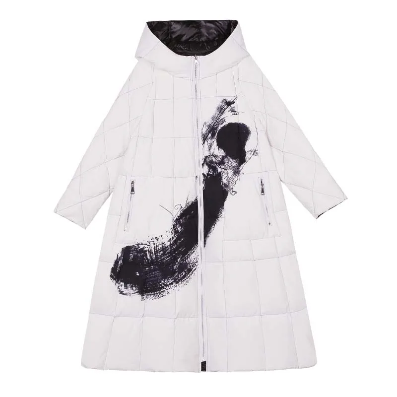 

Women Loose Print Long Down coat 2019 Winter Two side wear Hooded Female Parkas Coat Vintage Elegant Outwear Warm YNZZU 9O089