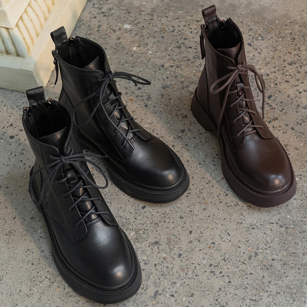 

Aliona Shoo Women Shoes Boots Ankle 2021 Autumn British Wind Genuine Leather Thick With Fur Ladies Short Boots Motorcycle Martin