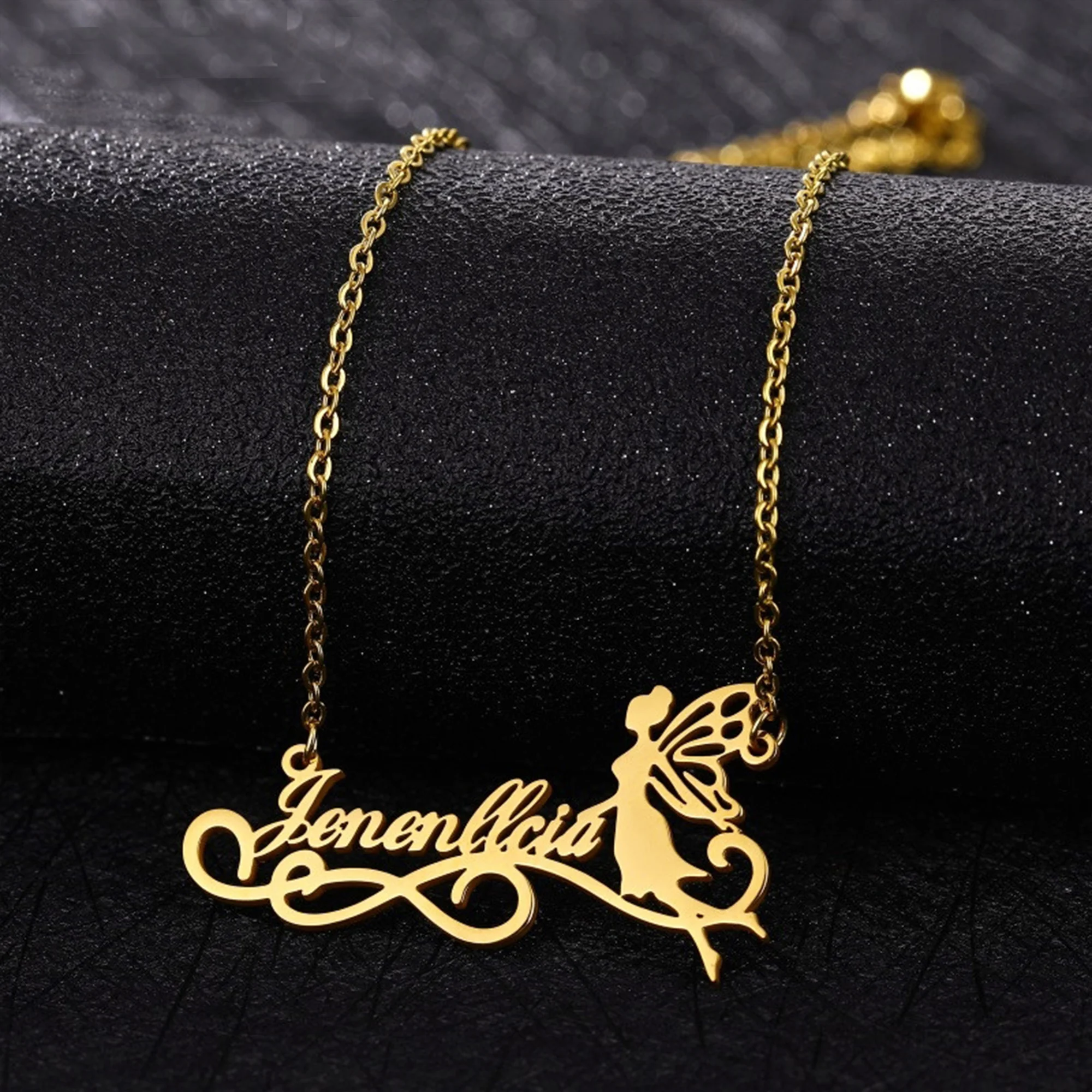 

Personalized Name Fairy Angel Romantic Pendant Necklace Stainless Steel Hollow-Carved Customize Nameplate Necklaces Jewelry Gift