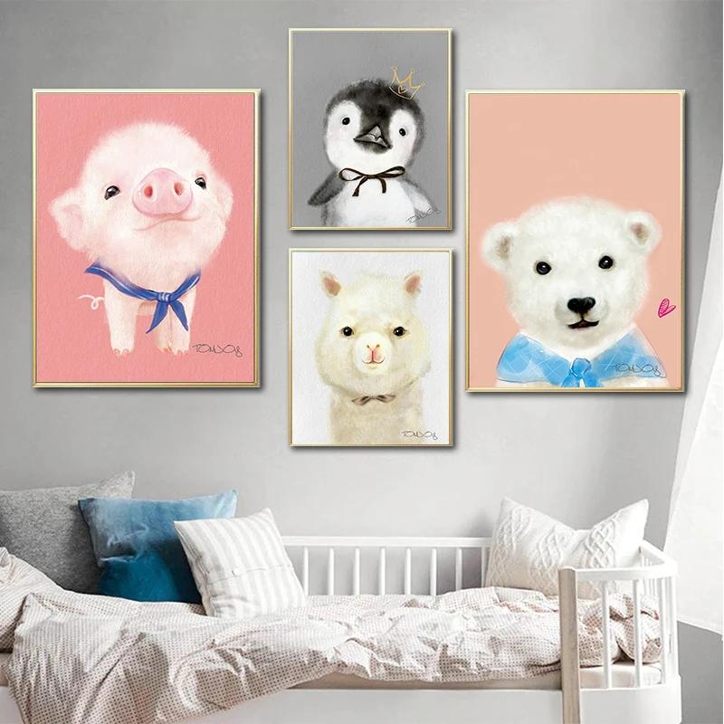 Медведь свинка Альпака утенок детская настенная Картина на холсте скандинавские