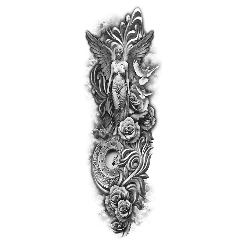 Водостойкая Временная тату-наклейка ангел компас на всю руку большой часы роза