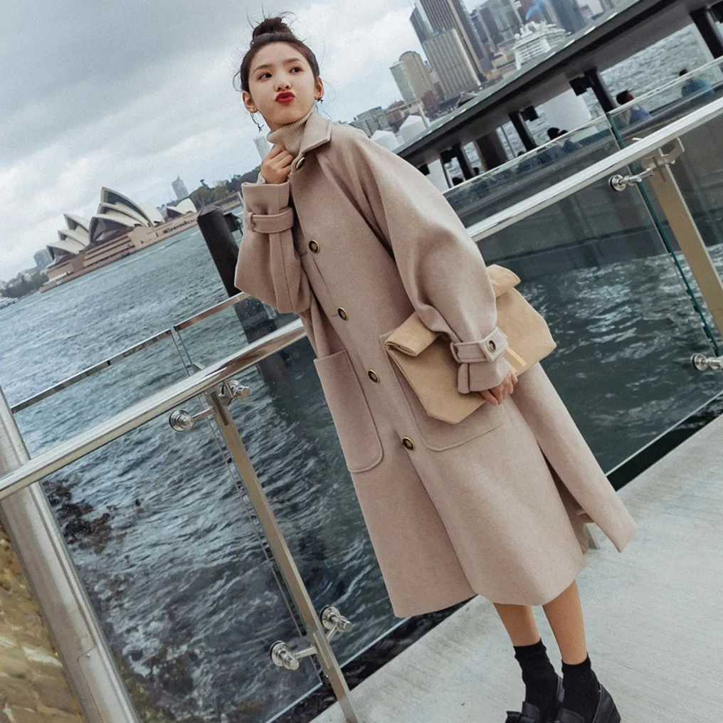 

Winter Wool Coats 2020 New Women Fashion Khaki Single Breasted Long-sleeve Jackets Women Elegant Loose Thicken Female Overcoat