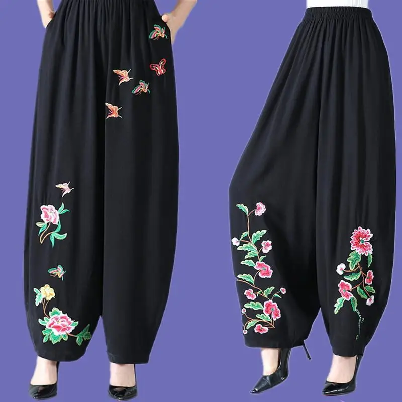 

Pants Women Casual Embroidery Print Embroidery Cotton Linen Trousers Elastic High Waist Wide Leg Pants Streetwear 2023 Y972