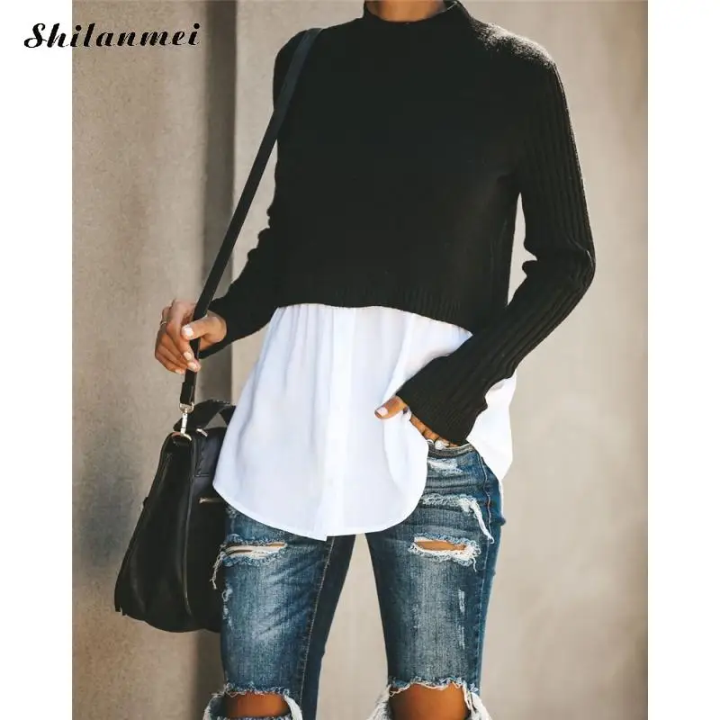 

2019 Turtleneck Women Sweater Fashion Patchwork Knitted Pullovers Long Sleeve Streetwear Knitwear Office Lady Elegant Sweaters