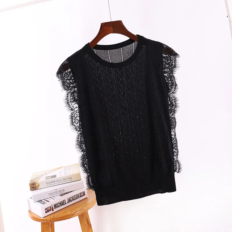 

Sleeveless Ice Silk Knitted Lace Vest Women's 2020 New Summer Short Bottoming Shirt Sweet Oversized Slimming Top For Fashion
