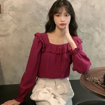 Autumn Women White Shirt Square Collar Long-sleeved Solid Color Petal Sleeve Thin Blouses Women Clothing 1