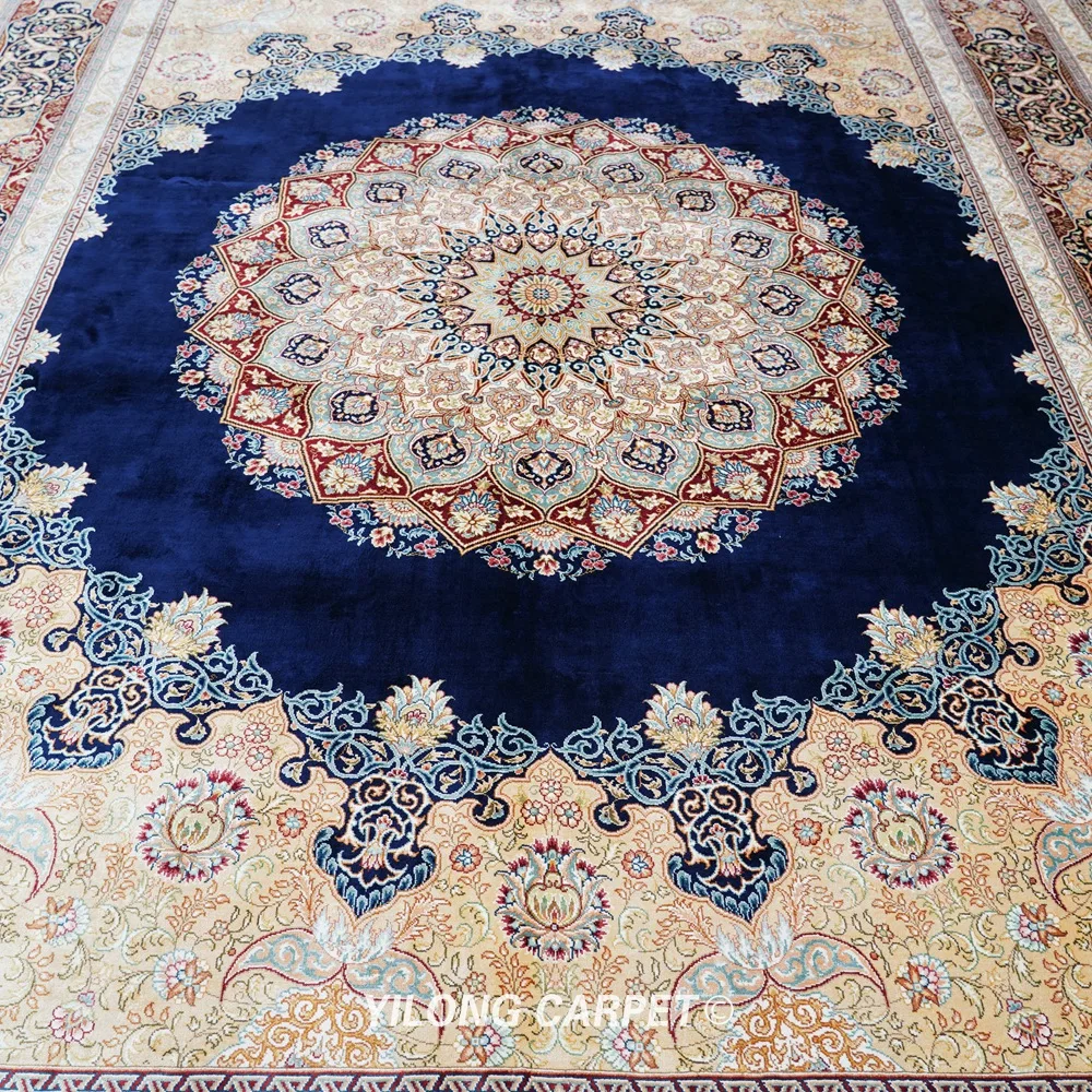 Yilong 9 'x 12 1' Qum Шелковый коврик большой синий персидский шелковый ковер ручной
