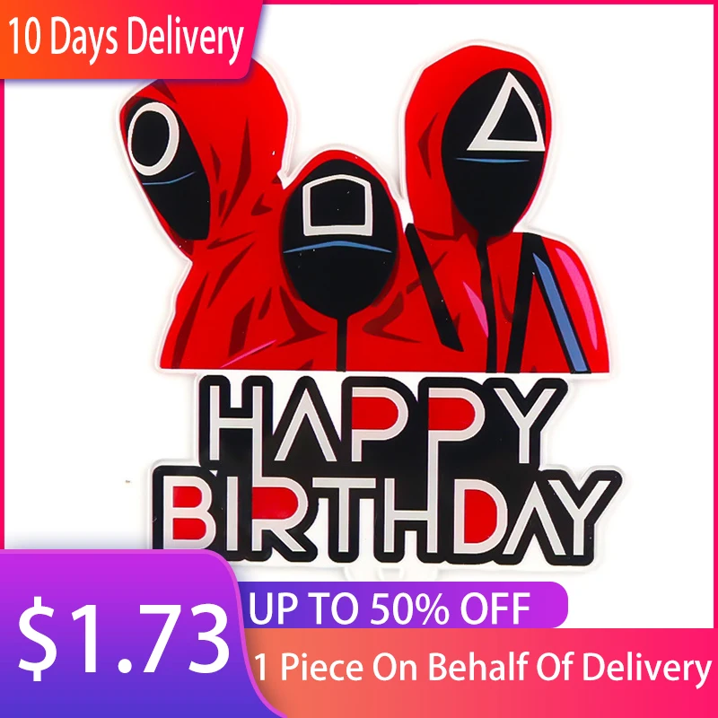 

Hot Sale Squid Game Doll Mask Cake Card Happy Birthday Topper Cake Topper Party Supplies Acrylic Cartoon Character Cake Topper