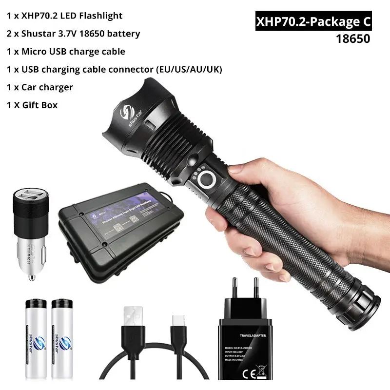 XHP70.2-18650-C Мощный светодиодный фонарик с XHP 70,2, лампа с бусинами, масштабируемый, 3 режима освещения, светодиодный фонарь, поддержка для Mircro зарядки, Охотничья лампа - Испускаемый цвет: XHP70.2-18650-C
